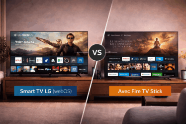 Comparatif entre une Smart TV LG avec webOS et un appareil Fire TV Stick sur un meuble TV moderne