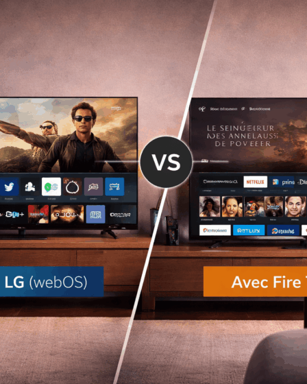 Comparatif entre une Smart TV LG avec webOS et un appareil Fire TV Stick sur un meuble TV moderne