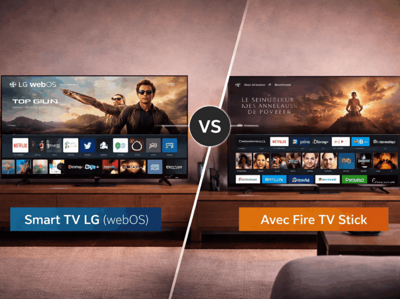Comparatif entre une Smart TV LG avec webOS et un appareil Fire TV Stick sur un meuble TV moderne