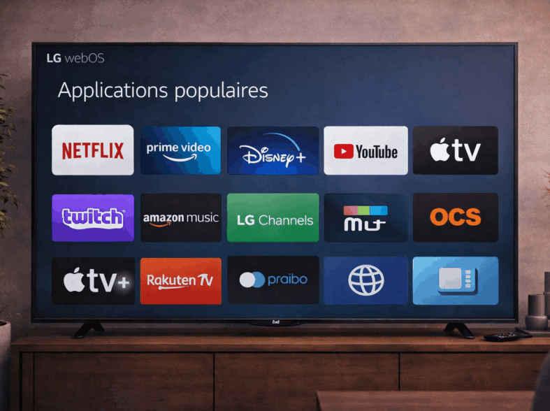 Sélection d’applications populaires affichées sur l’écran d’une Smart TV LG