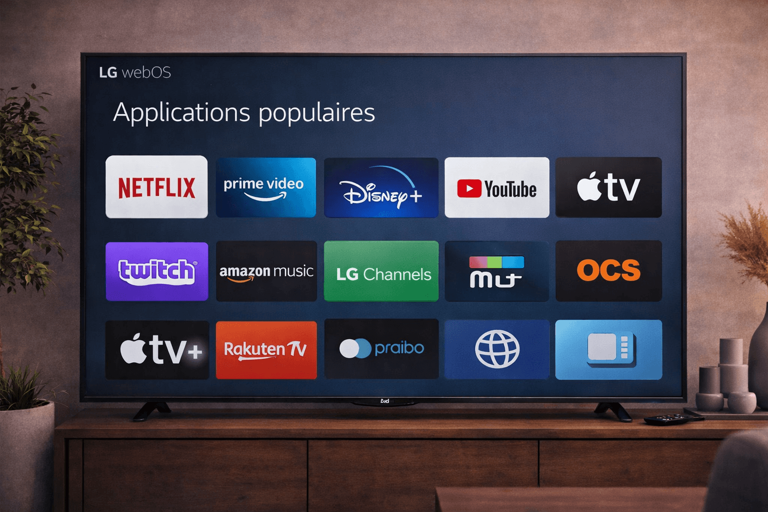 Sélection d’applications populaires affichées sur l’écran d’une Smart TV LG