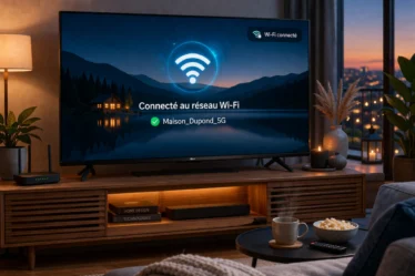 Téléviseur LG connecté en Wi-Fi dans un salon moderne avec icône réseau visible à l’écran