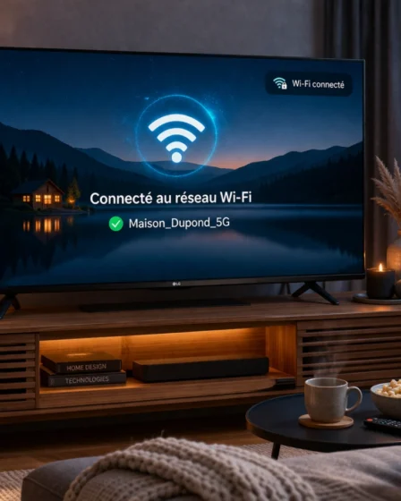 Téléviseur LG connecté en Wi-Fi dans un salon moderne avec icône réseau visible à l’écran