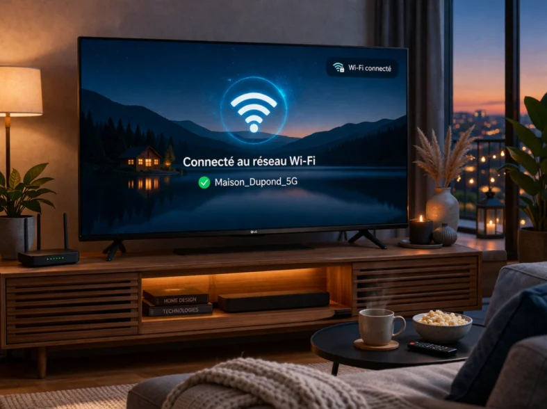 Téléviseur LG connecté en Wi-Fi dans un salon moderne avec icône réseau visible à l’écran