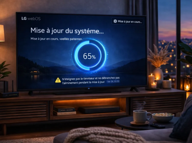 Téléviseur LG affichant un écran de mise à jour du système dans une interface webOS