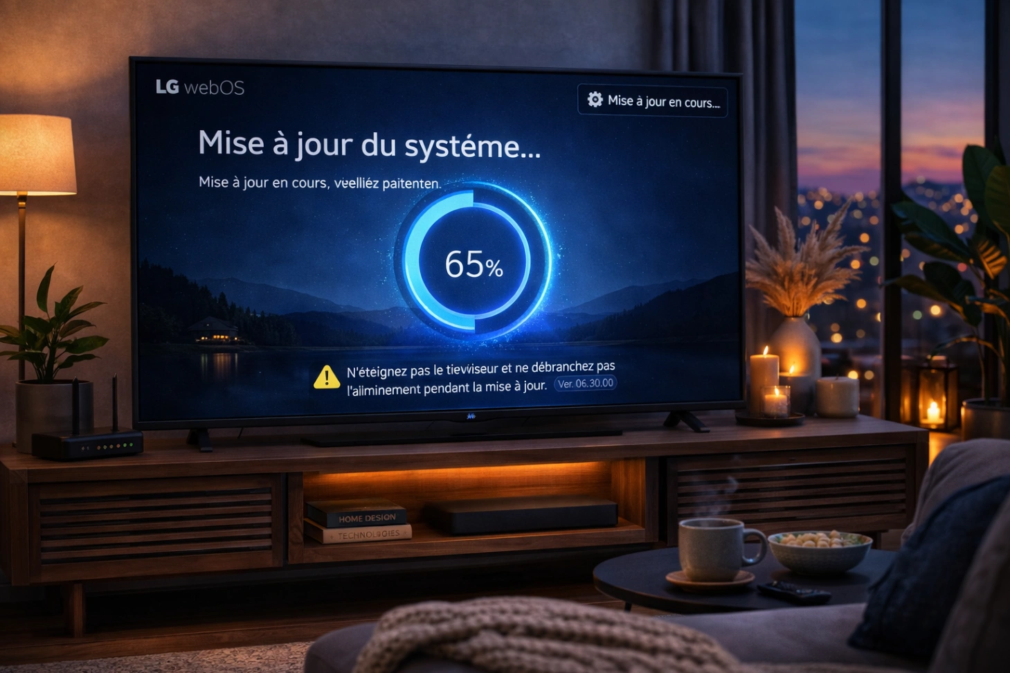 Téléviseur LG affichant un écran de mise à jour du système dans une interface webOS