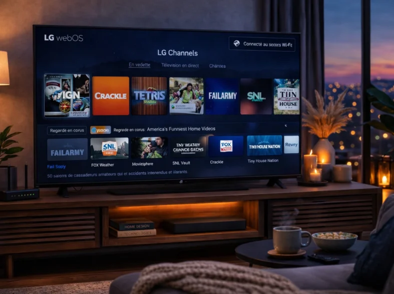 Téléviseur LG affichant l’interface de LG Channels avec plusieurs chaînes de divertissement