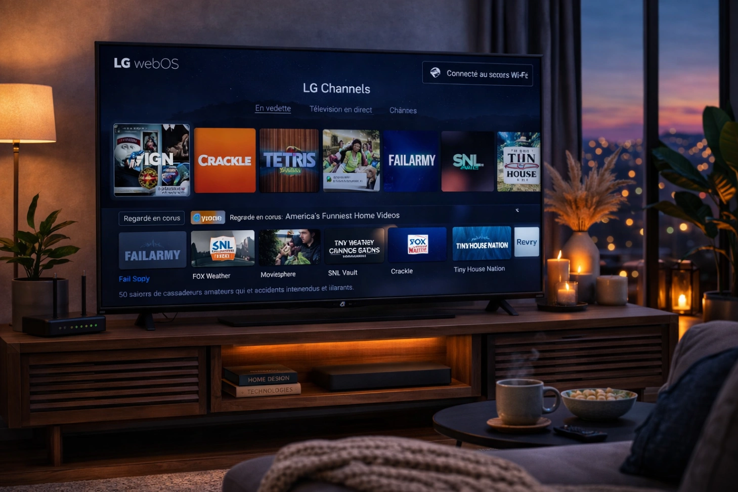 Téléviseur LG affichant l’interface de LG Channels avec plusieurs chaînes de divertissement