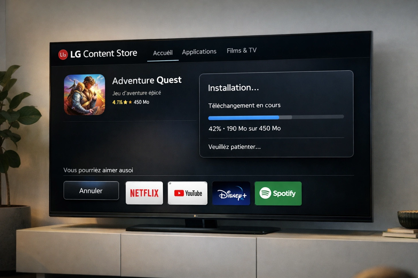 Téléviseur LG affichant l’installation d’une application depuis le LG Content Store