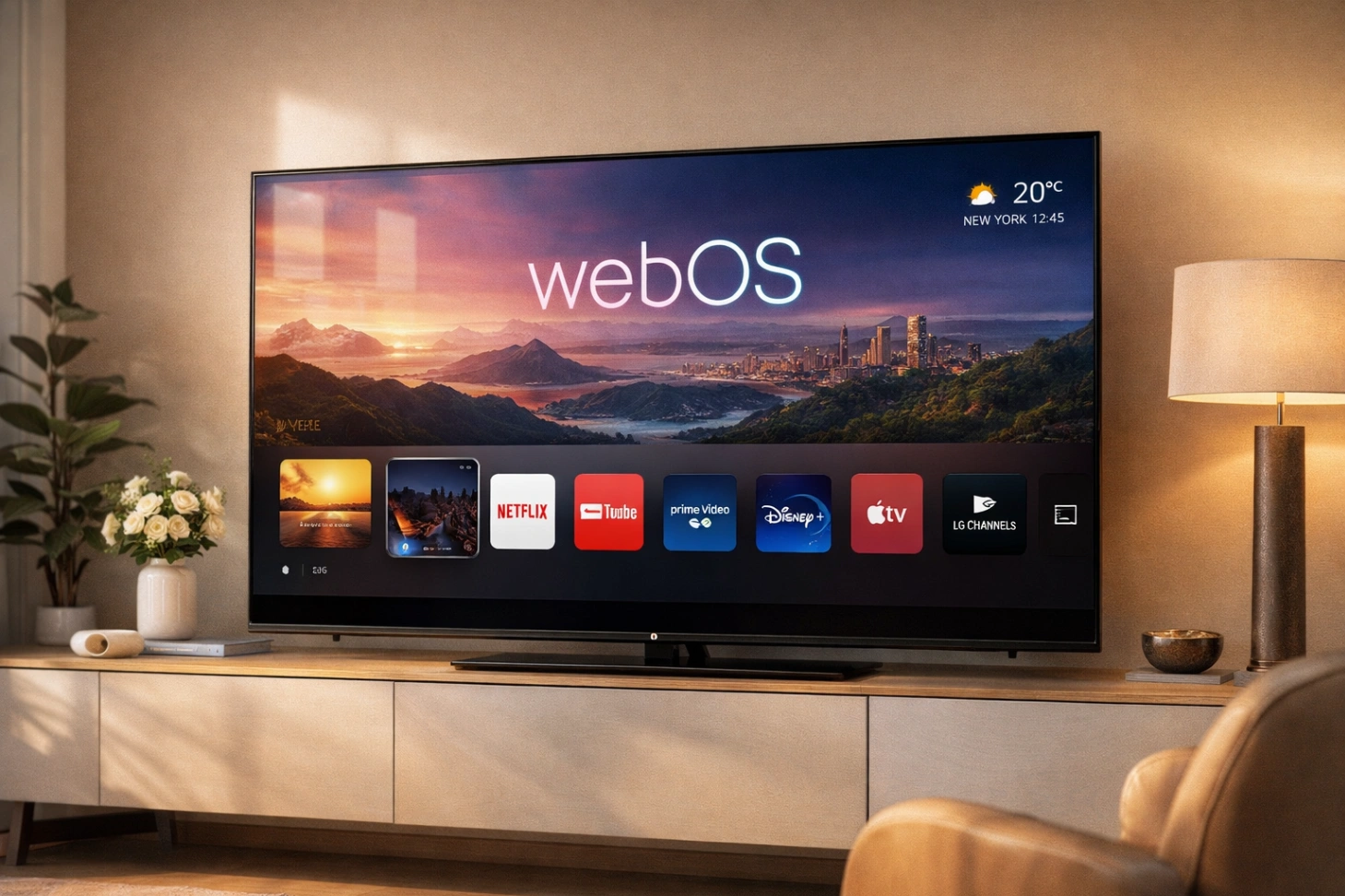 Téléviseur LG moderne affichant l’interface webOS dans un salon élégant